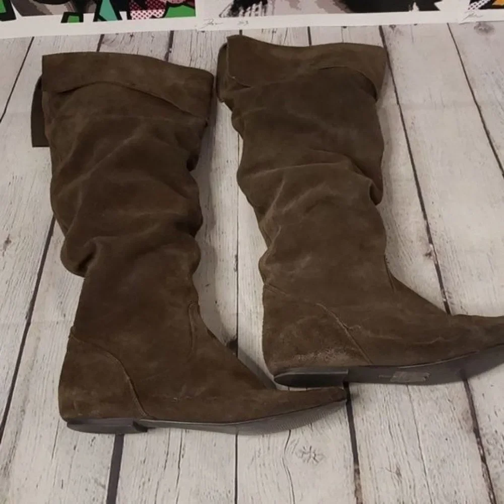 Y2K Vintage Boho Brown Suede Flat Knee High Boots Bakers - Picture 3 of 9